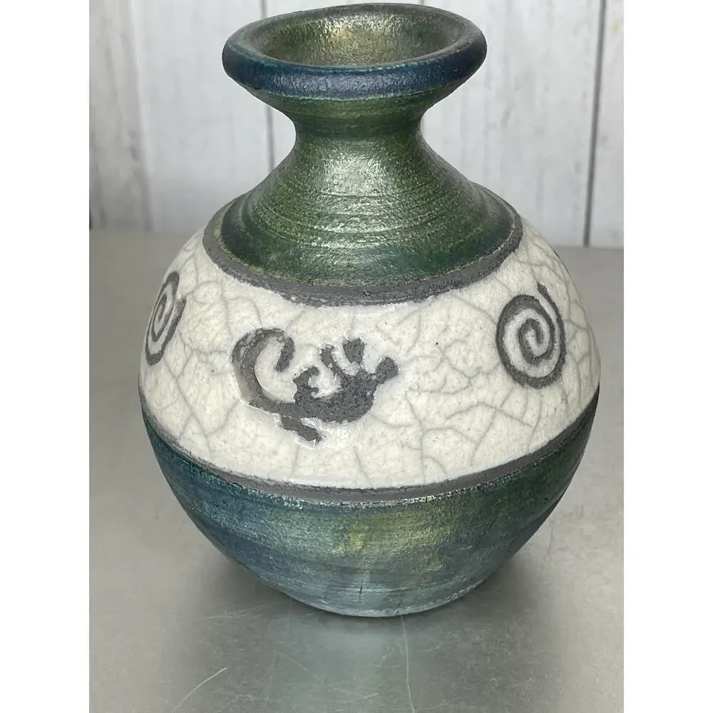 Vintage Raku Signed Pottery Vase Green Iridescent 5in Tall Animals Bears